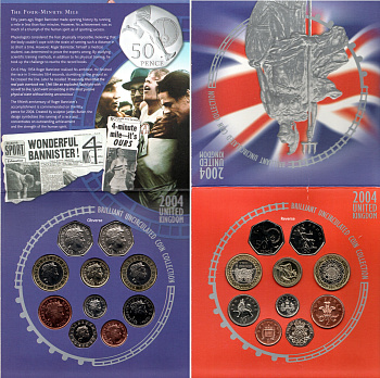 Великобритания официальный набор из 10 монет (1, 2, 5, 10, 20 и 50 пенсов; 1 и 2 фунта) 2004 в оригинальном картонном буклете, Мост Форт-Бридж в Шотландии, 50 лет рекорду в беге - миля менее чем за 4 минуты, 200 лет первому паровозу Ричарда Тревесика KM 9