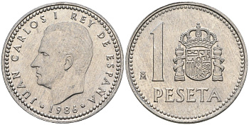 Испания 1 песета 1986 M, Хуан Карлос I (1975-2014) KM 821 алюминий 4401-843