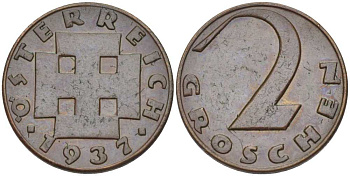 АВСТРИЯ 2 ГРОША 1937 ДОВОЕННАЯ ДЕСЯТИЧНАЯ ЧЕКАНКА KM 2837 бронза 201-216