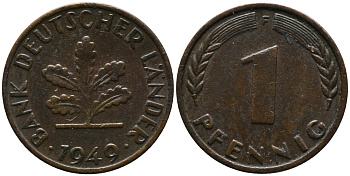 ФРГ 1 пфенниг 1949 F KM А101, J.376 сталь плакированная медью 99-243
