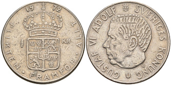 Швеция 1 крона 1972 U, Густав VI Адольф (1950-1973) KM 826a медь плакированный медно-никелем 4150-332