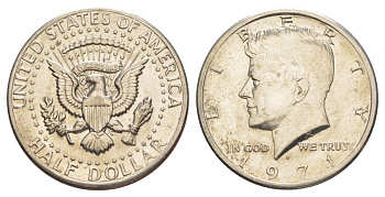 США 1/2 доллара (50 центов) 1971 D, Джон Кеннеди KM 202b медь плакированная медно-никелем aUNC 115-625