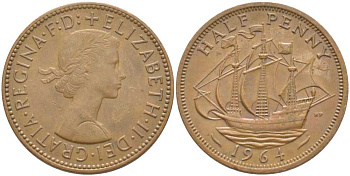 Великобритания 1/2 пенни 1964 Елизавета II (1952-2022) KM 896, Spink 4158 бронза 110-1253