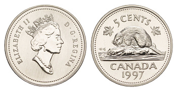 Канада 5 центов 1997 Елизавета II (1952-2022), бобр, specimen KM 182 медно-никель BU 4639-525