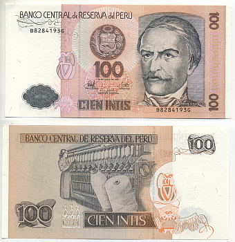 Перу 100 инти 1987 Рамон Кастилья, прядильная машина Pick 133 бумага UNC (пресс) 7553-12-3
