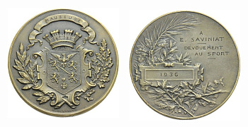 ФРАНЦИЯ МЕДАЛЬ 1936 MAUBEUGE, ПРЕДАННОСТЬ СПОРТУ 46 мм, 41,61 гр бронза 1072-6-43