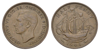 Великобритания 1/2 пенни 1941 Георг VI (1936-1952) KM 844, Spink 4115 бронза    4660-615