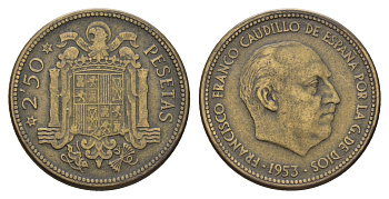 Испания 2,5 песеты 1953 (54) Франсиско Франко (1939-1975) KM 785 алюминиевая бронза 4119-1224