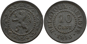 Бельгия 10 сантимов 1916 германская оккупация Первая мировая война, Альберт I (1910-1934) KM 81 цинк 4601-623