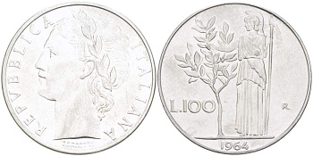 ИТАЛИЯ 100 ЛИР 1964 R, АФИНА, ДИАМЕТР 28 ММ. KM 96.1 нержавеющая сталь 4521-916