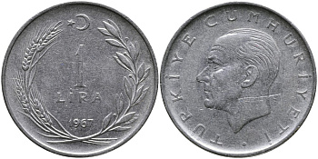 Турция 1 лира 1967 Мустафа Кемаль Ататюрк KM 889а.2 нержавеющая сталь 4541-1237