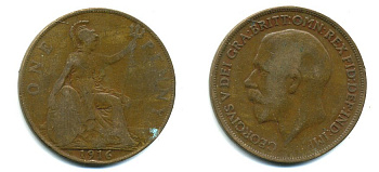 Великобритания 1 пенни 1916 Георг V (1910-1936) КМ 810, Spink 4051 бронза 41-126