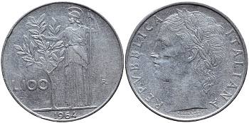 ИТАЛИЯ 100 ЛИР 1964 R, АФИНА KM 96.1 нержавеющая сталь 4394-545