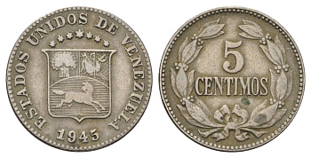 Венесуэла 5 сентимо 1945 Y 29a медно-никель 116-857