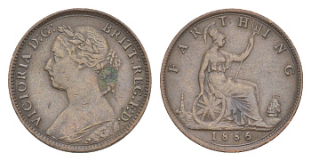 Великобритания 1 фартинг 1886 Виктория (1837-1901) KM 753, Spink 3958 бронза 4630-158