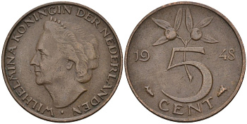 Нидерланды 5 центов 1948 Вильгельмина (1890-1948) KM 176 бронза 4592-845