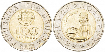 Португалия 100 эскудо 1992 Педру Нуниш (1502-1578), математик KM 645.1 биметалл 77-545