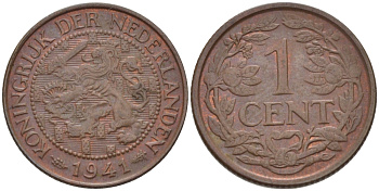 НИДЕРЛАНДЫ 1 ЦЕНТ 1941 ВИЛЬГЕЛЬМИНА (1890-1948) KM 152 бронза 39-114