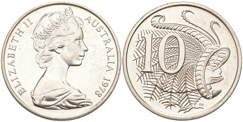 Австралия 10 центов 1978 Елизавета II (1952-), птица лирахвост KM 65 медно-никель UNC 3853-1215
