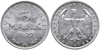 Германия 3 марки 1922 A, третья годовщина Веймарской Конституции KM 29, J. 303 алюминий 38-241