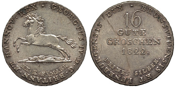 Брауншвейг-Каленберг-Ганновер 16 гутергрошенов 1822 король Георг IV (1820-1830) J 23 g, AKS 37 серебро  aUNC  11-119-15