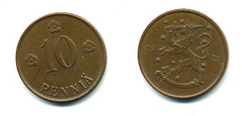 Финляндия 10 пенни 1921 республика (1918-1962) KM 24 медь 46-217