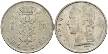 БЕЛЬГИЯ 1 ФРАНК 1966 BELGIE, БОДУЭН I (1951-1993) KM 143.1 медно-никель 119-611