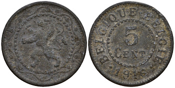 Бельгия 5 сантимов 1916 германская оккупация первая мировая война, Альберт I (1910-1934) KM 80 цинк 4556-1227