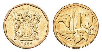 ЮАР 10 центов 2000 герб, цветок алоэ KM 161 сталь плакированная бронзой UNC 4694-759