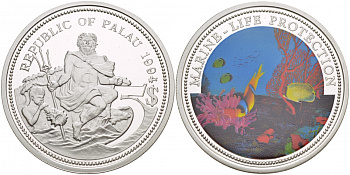 Палау 5 долларов 1994 две рыбки, цветная эмаль KM 6 серебро PROOF 1088-8-33