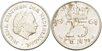 НИДЕРЛАНДЫ 25 ЦЕНТОВ 1968 ЮЛИАНА (1948-1980) KM 183 никель 214-949