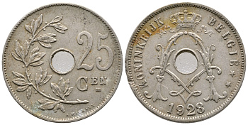 БЕЛЬГИЯ 25 САНТИМОВ 1928 BELGIE KM 69 медно-никель 4364-3742
