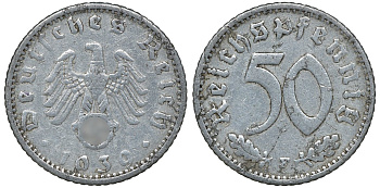 Германия 50 рейхспфеннигов 1939 F цена по каталогу МТ 30 евро J. 372, KM 96 алюминий 72-1254