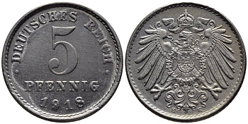 ГЕРМАНИЯ 5 ПФЕННИГОВ 1918 E KM 19, Jager 297, Weege 5 железо 4547-569