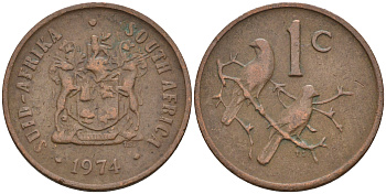 ЮАР 1 цент 1974 герб, капские воробьи KM 82 бронза 4588-1255