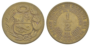 Перу 1/2 соль 1951 редкий год KM 220 латунь 4620-227
