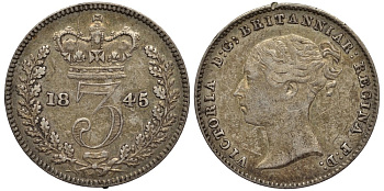 Великобритания 3 пенса 1845 Виктория (1837-1901) KM 730, Spink 3914 серебро 4528-357