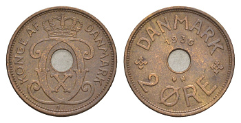 Дания 2 эре 1936 N, Кристиан X (1912-1947) KM 827 бронза 4639-751