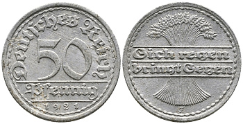 ГЕРМАНИЯ 50 ПФЕННИГОВ 1921 GF KM 27, J. 301 алюминий 24-956