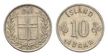Исландия 10 эйре 1966 KM 10 медно-никель aUNC 4690-721