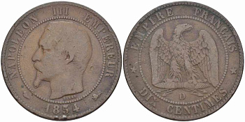 ФРАНЦИЯ 10 САНТИМОВ 1854 D, НАПОЛЕОН III (1852-1870) KM 771.4, LE FRANC 133.14 бронза 38-944