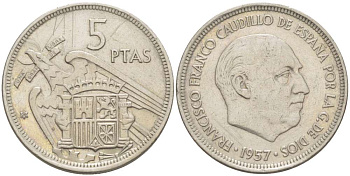 ИСПАНИЯ 5 ПЕСЕТ 1957 (58) ФРАНСИСКО ФРАНКО ДИКТАТОР ИСПАНИИ (1939- 1975) KM 786 медно-никель 4519-924