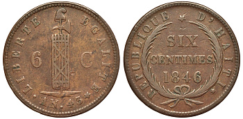 Гаити 6 сантимов 1846 43 год KM 28 медь 1526-534