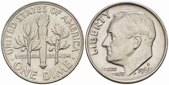 США 10 ЦЕНТОВ = 1 ДАЙМ 1968 D, РУЗВЕЛЬТ KM 195а медь плакированная медно-никелем 105-656