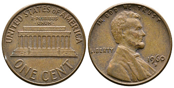 США 1 цент 1960 D, Линкольн, LARGE DATE KM 201 медь цинк 93-1221