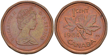 КАНАДА 1 ЦЕНТ 1984 КЛЕНОВЫЙ ЛИСТ, ЕЛИЗАВЕТА II KM 132 бронза 54-1067
