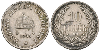 Венгрия 10 филлеров 1908 KB, Франц Иосиф I (1848-1916) KM 482 никель 192-657