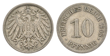 Германия 10 пфеннигов 1908 D, Вильгельм II (1888-1918) KM 12, J. 13 медно-никель 4640-314