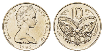 Новая Зеландия 10 центов 1983 Елизавета II (1952-2022), маска маори, тираж 25.000 экземпляров KM 41 медно-никель BU 4652-646