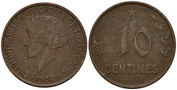 Люксембург 10 сантимов 1930 Шарлотта (1918-1964) KM 41 бронза 4577-347